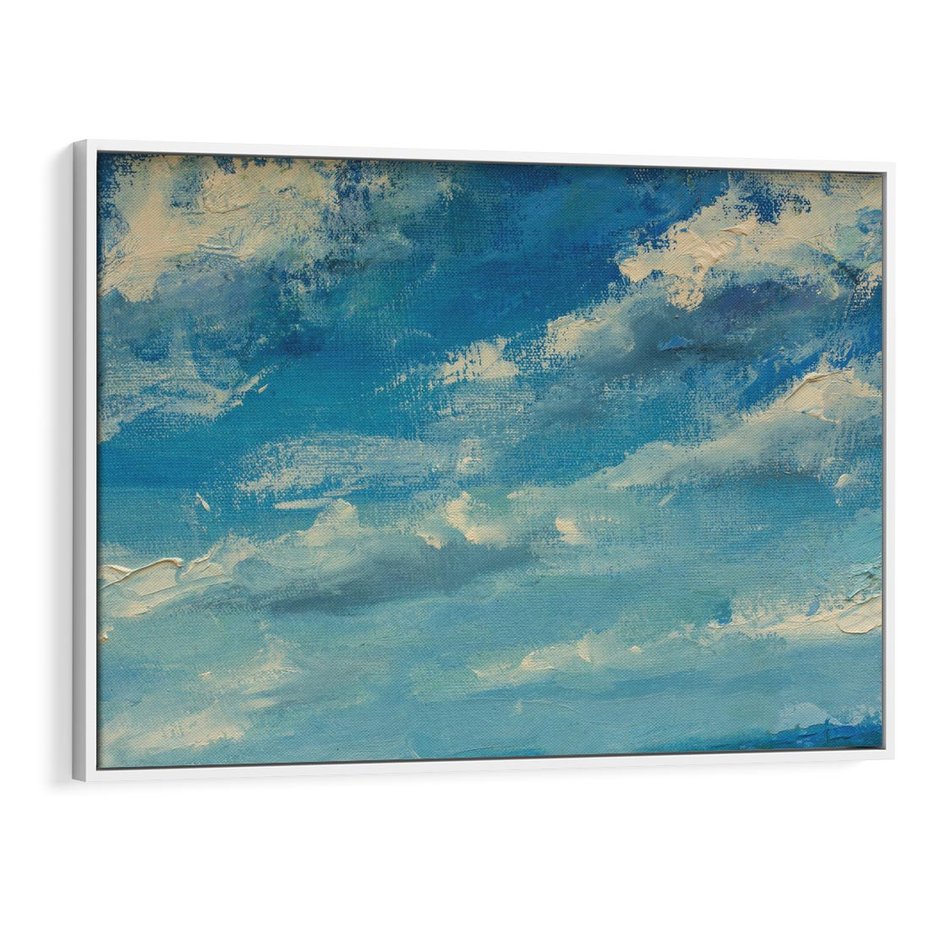 Obraz w ramie 120x80 - Oddechy niebiańskiej materii - olejny obraz, smugi farby przypominają obłoki na błękitnym niebie - rama biała