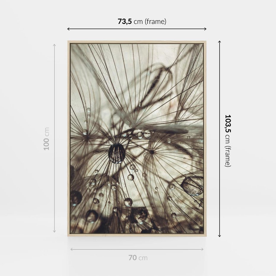 Obraz w ramie 70x100 - Lekkie dmuchawce - dmuchawce, krople - rama drewno