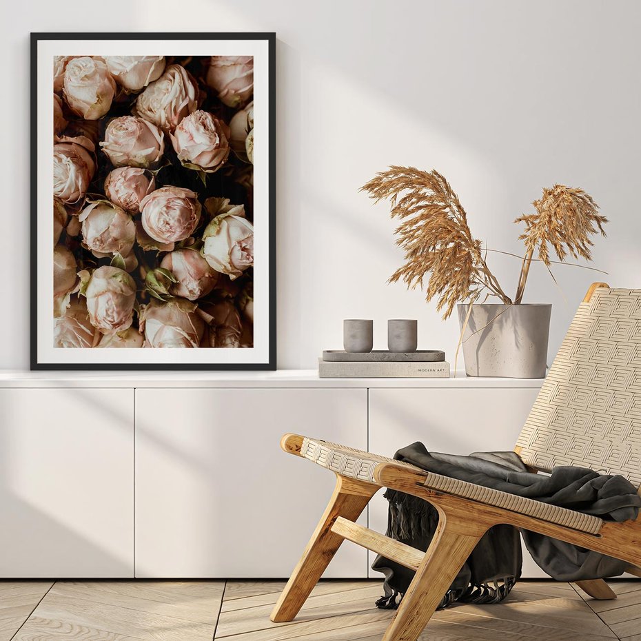 Plakat w ramie 50x70 - Róże i Różowe Kwiaty w Kompozycji - róże, różowe kwiaty - rama czarna