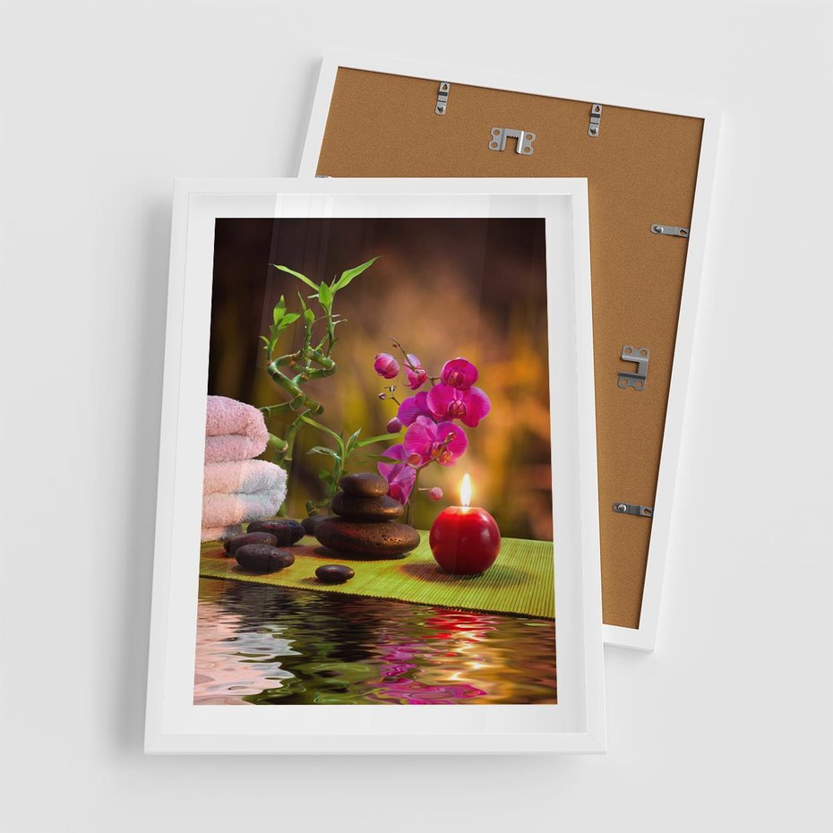 Plakat w ramie 50x70 - Światło Świecących Kwiatów w Spa - spa, świaca - rama biała