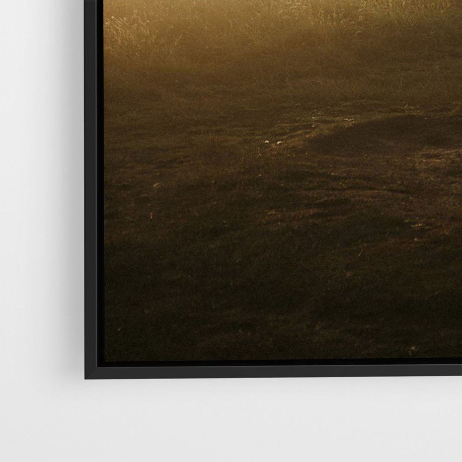 Obraz w ramie 70x100 - Mglisty zachód słońca na ławeczce - mgła, zachód - rama czarna