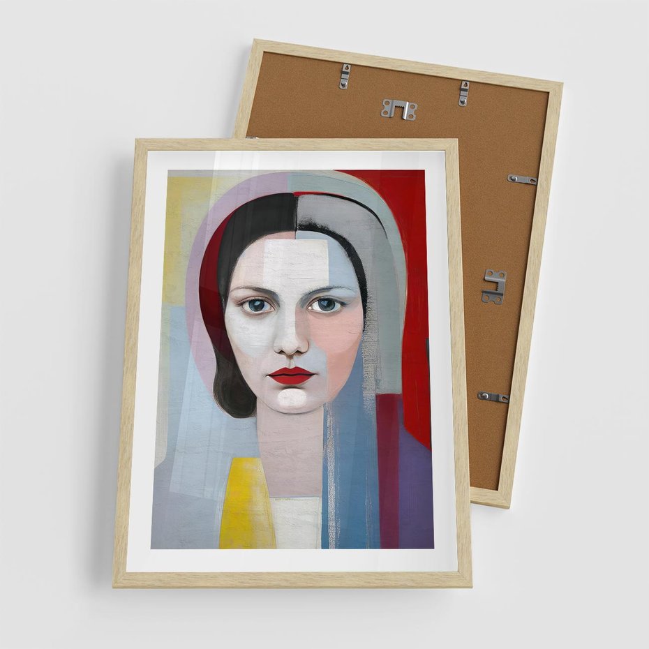 Plakat w ramie 50x70 - Kolorowe Granice Form - abstrakcyjny obraz olejny, portret twarzy kobiety - rama drewno