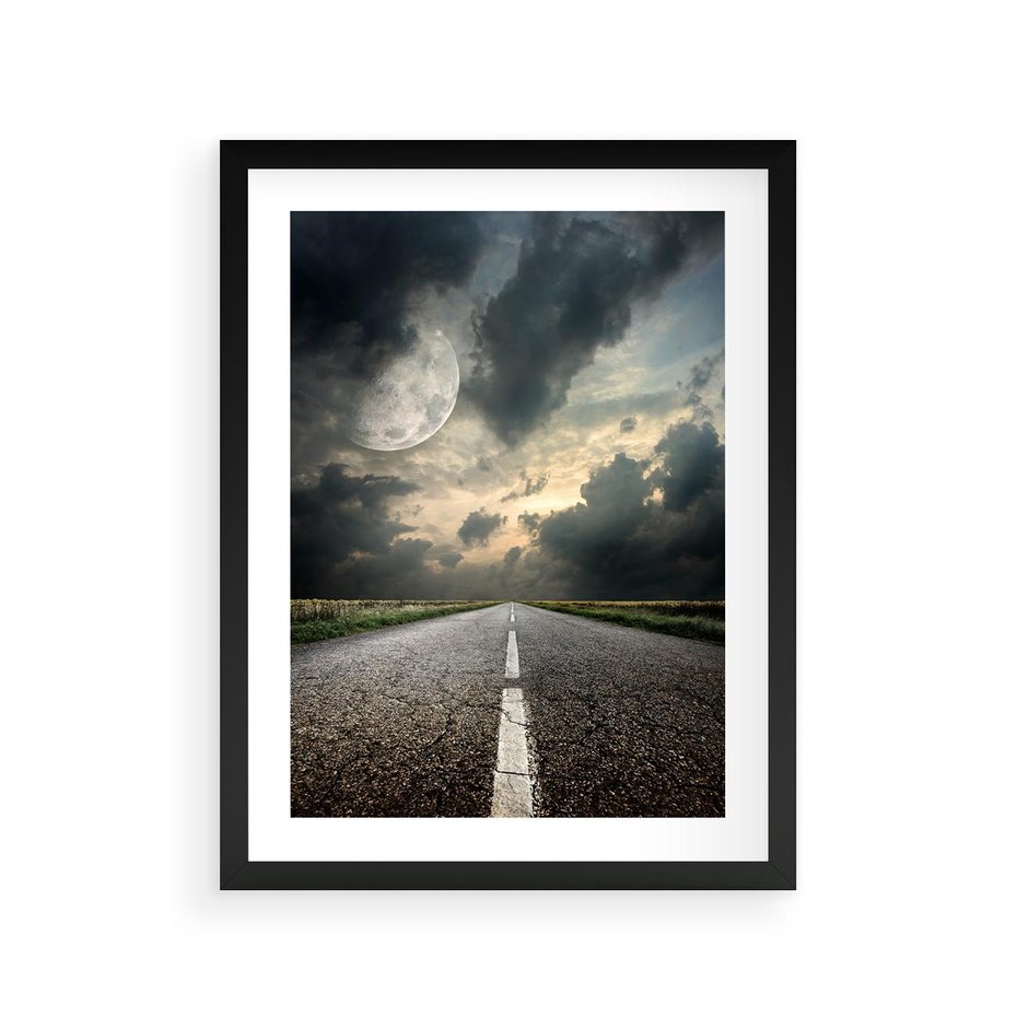 Plakat w ramie 30x40 - magia nocnej drogi - droga, księżyc - rama czarna