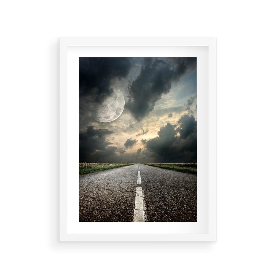 Plakat w ramie 30x40 - magia nocnej drogi - droga, księżyc - rama biała
