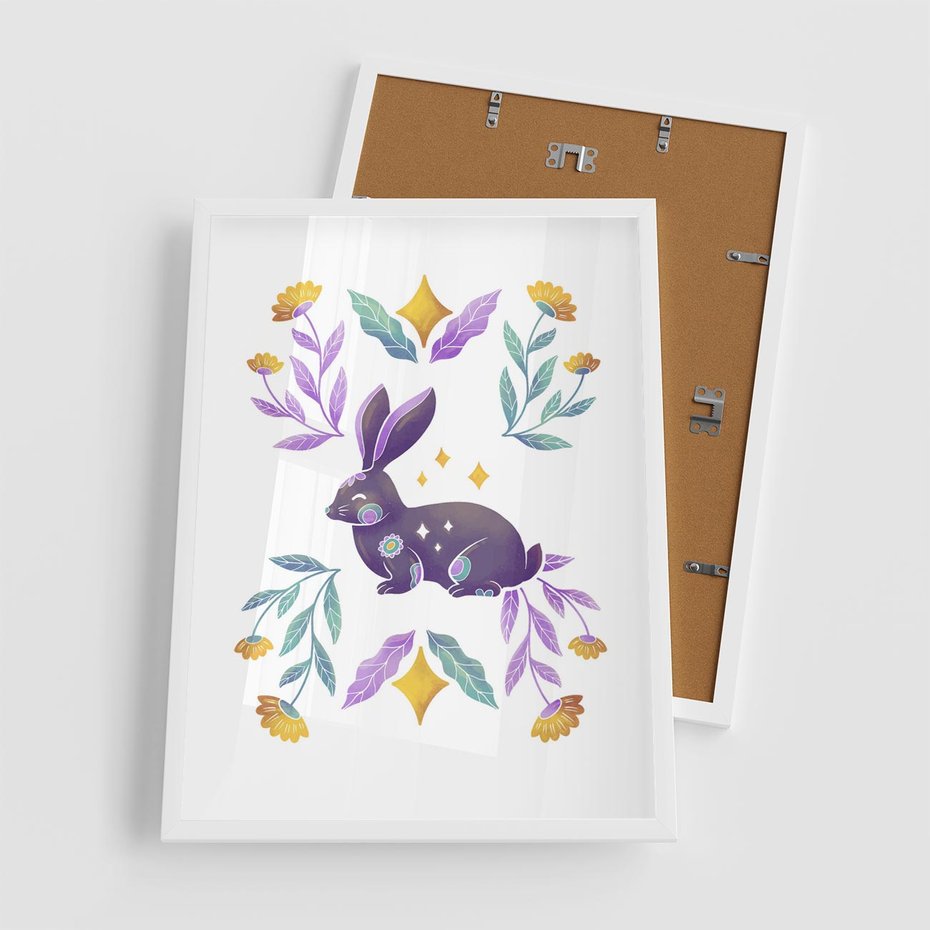 Plakat w ramie 50x70 - Boho Wiatr - boho plakat, królik - rama biała