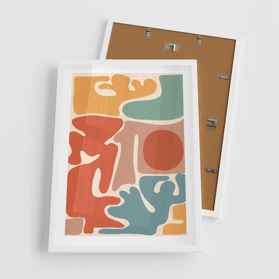 Plakat w ramie 50x70 - Pastelowa Symfonia Kształtów - abstrakcyjne kolorowe formy, pastelowe kolory - rama biała