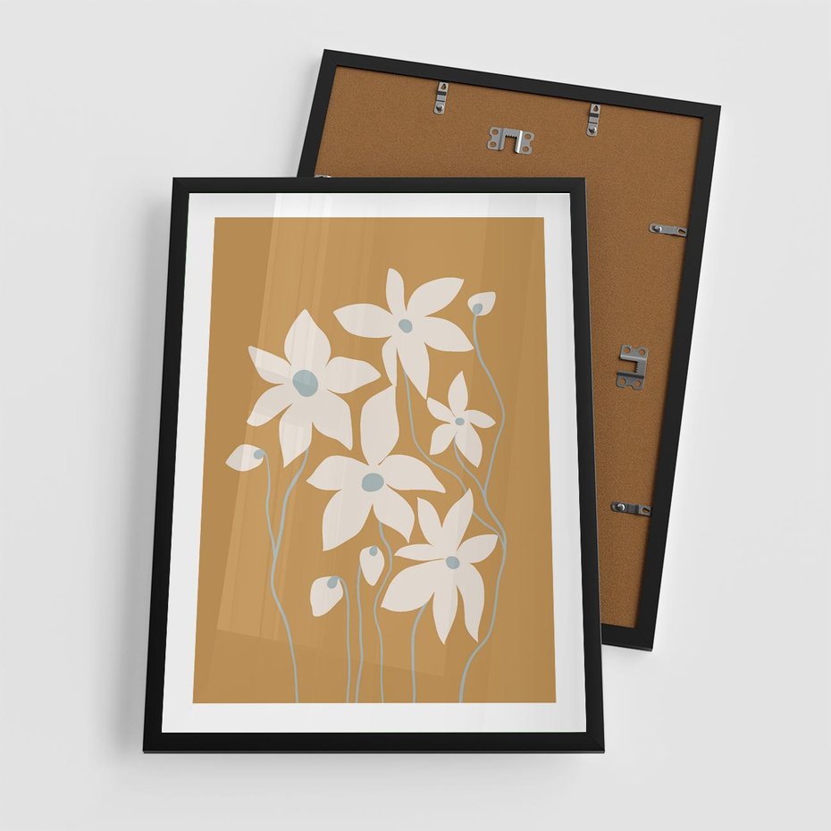 Plakat w ramie 50x70 - Kwiatowy Spektakl - minimalistyczne kwiaty, na pomarańczowym tle - rama czarna