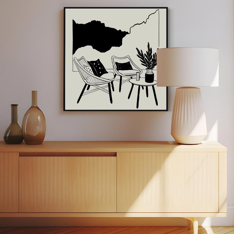 Obraz w ramie 50x50 - Boho Elegancja - boho wnętrze, salon - rama czarna