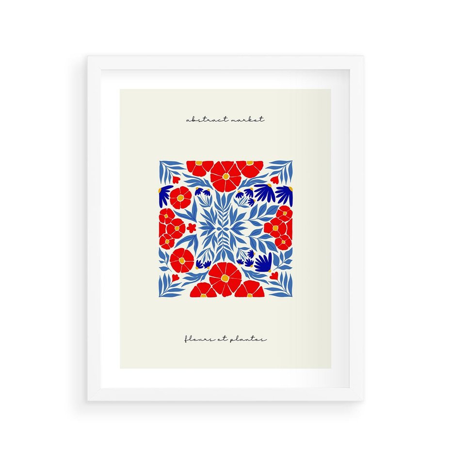 Plakat w ramie 40x50 - Tajemnicza Droga - nowoczesna kwiatowa kompozycja, czerwony i niebieski - rama biała