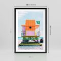 Plakat w ramie 50x70 - Plaża Miami w Słoneczny Dzień - domek ratownika, kolorowy - rama czarna