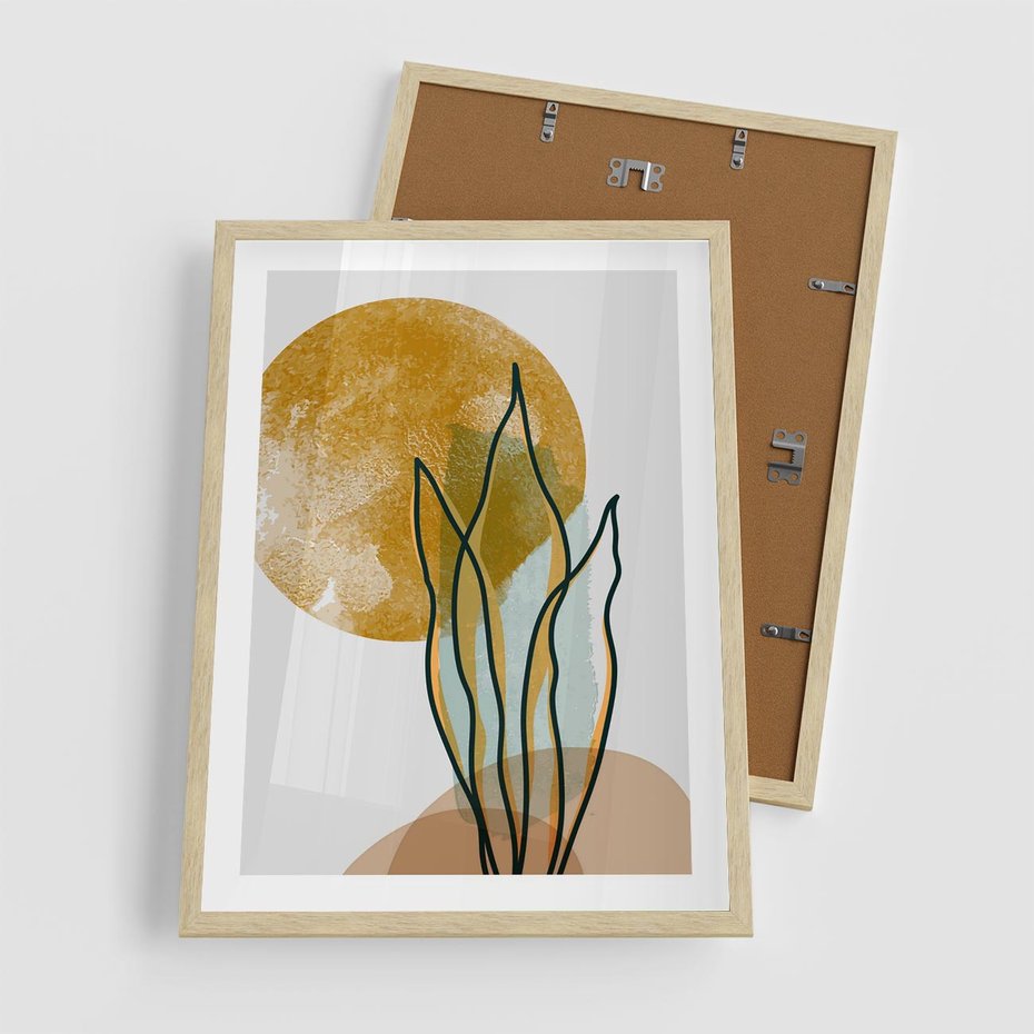 Plakat w ramie 50x70 - Światło Natury: Graficzne Liście i Złote Słońce - grafika, graficzne liście - rama drewno