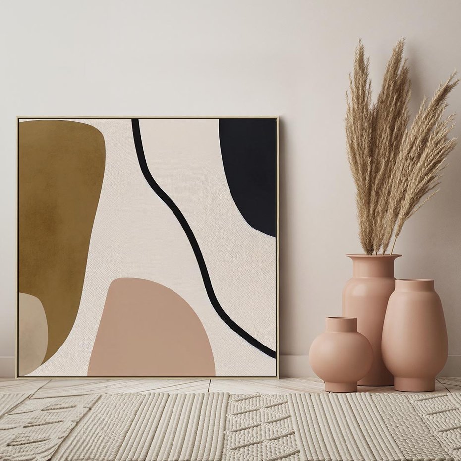 Obraz w ramie 50x50 - Harmonia chaosu i porządku - abstrakcyjne kształty, kolory beżu i brązu - rama drewno