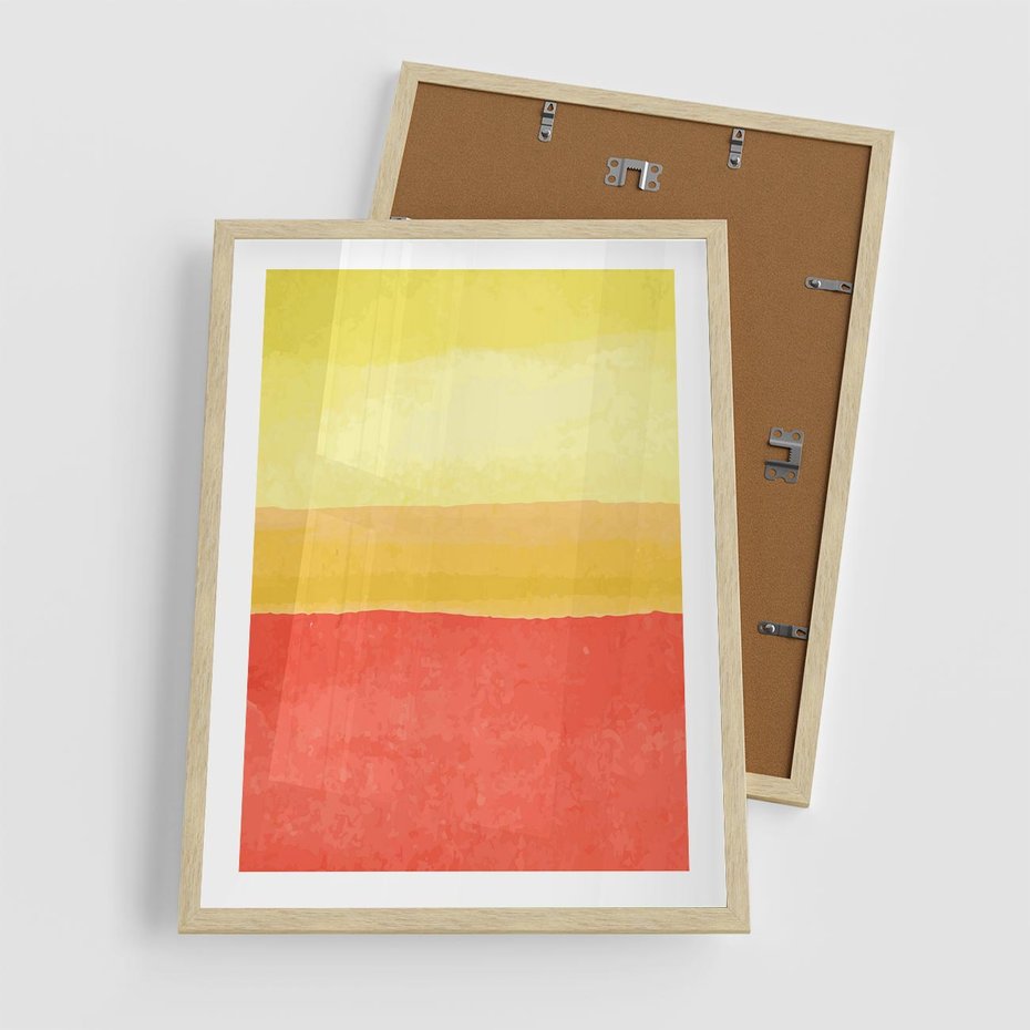 Plakat w ramie 50x70 - Rozmyte Odbicia - kolorowe akwarelowe pasy, odcienie żółci i czerwieni - rama drewno
