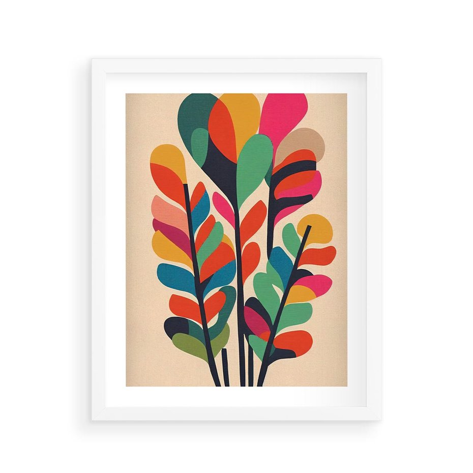 Plakat w ramie 40x50 - Symfonia Wzrokowych Impresji - abstrakcyjny kolorowy tęczowy obraz, inspiracje roślinne - rama biała