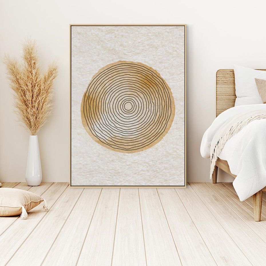 Obraz w ramie 70x100 - Zapisane w promieniach słońca - beżowe strukturalne tło, koła - rama drewno