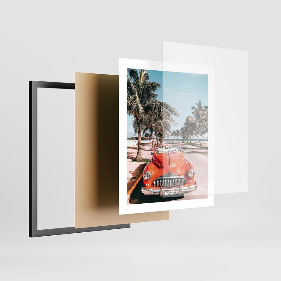 Plakat w ramie 40x50 - Retro Przejażdżka - pomarańczowy retro samochód, kabriolet - rama czarna