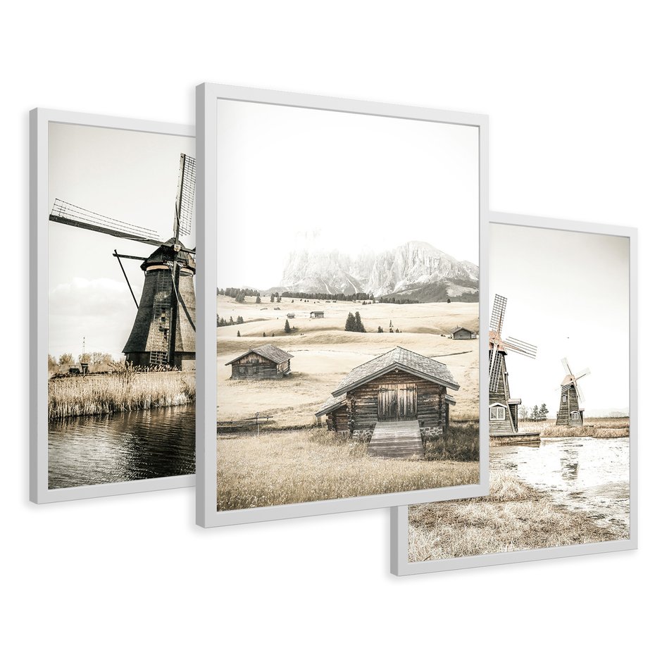 Zestaw obrazy w ramie 30x40 galeria - Wiatraki, domki, pola, łąki - rama biała