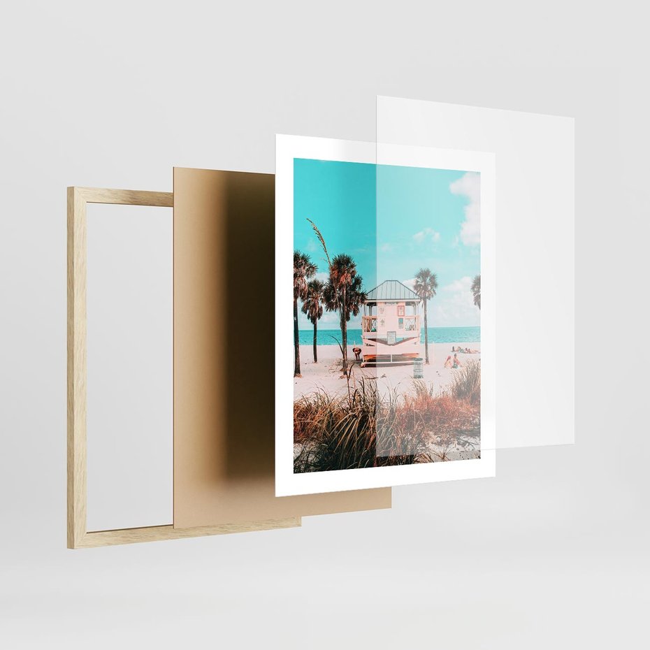 Plakat w ramie 40x50 - Plaża, Palmy i Spokój Miami - budka ratownika, plaża Miami - rama drewno