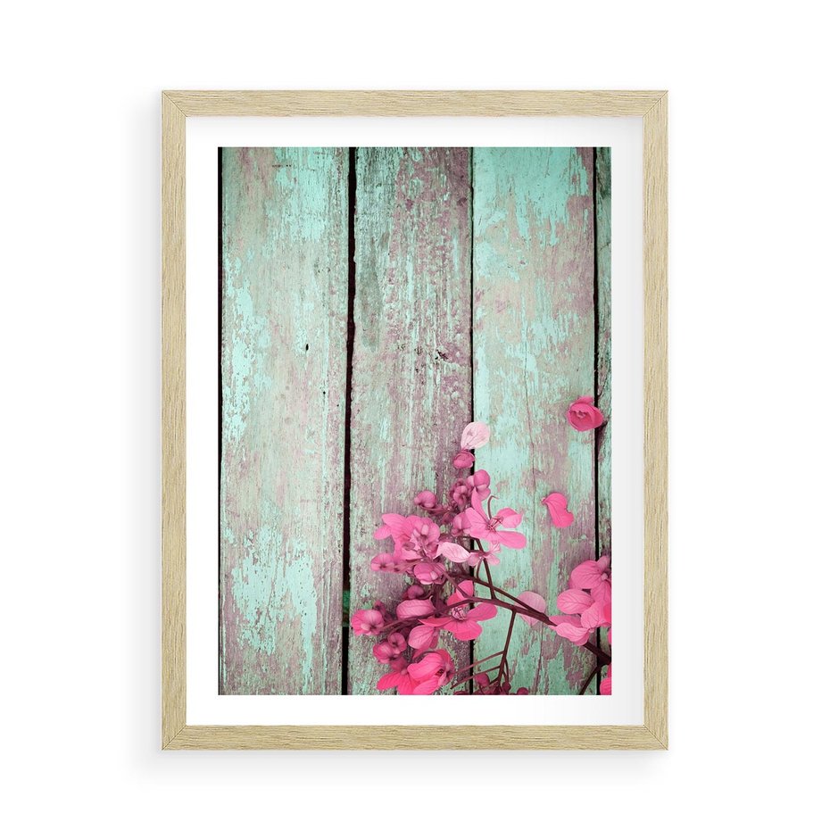 Plakat w ramie 50x70 - Urok Dawnych Czasów - kwiaty, deski - rama drewno
