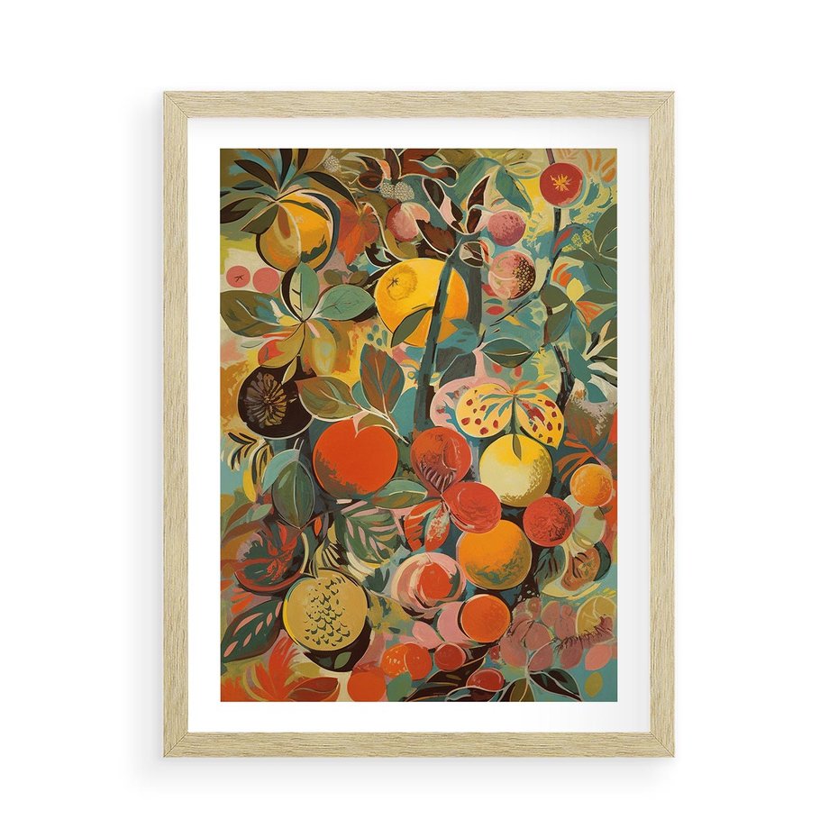 Plakat w ramie 50x70 - Księga Surrealnych Wyobrażeń - abstrakcyjny obraz owoców, jak picasso - rama drewno