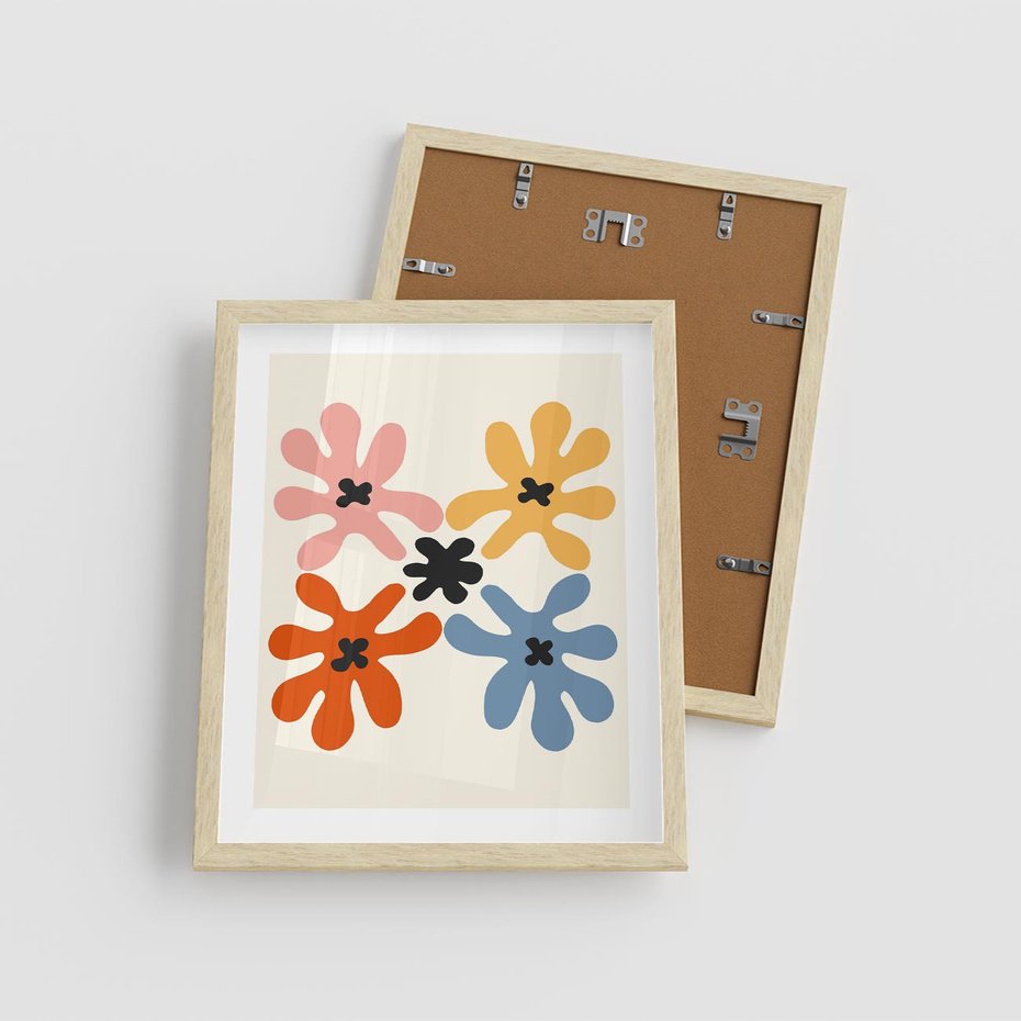 Plakat w ramie 40x50 - Taniec Akwareli - abstrakcyjne wielokolorowe kwiaty, minimalizm - rama drewno