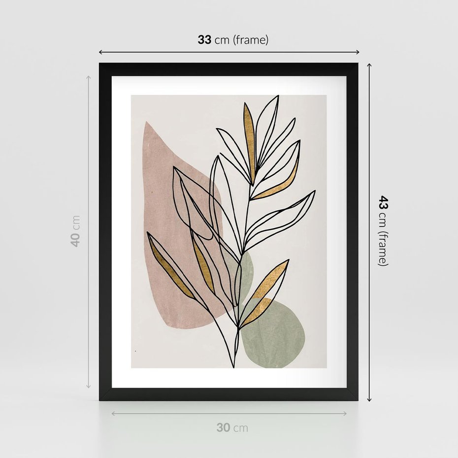 Plakat w ramie 30x40 - Impulsy Subtelnej Harmonii - abstrakcyjny obraz boho, liście - rama czarna