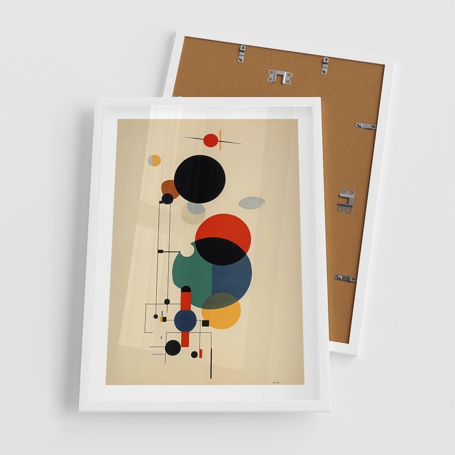 Plakat w ramie 50x70 - Migocące Impresje Odniesień - abstrakcyjna geometryczna kompozycja, koła linie - rama biała