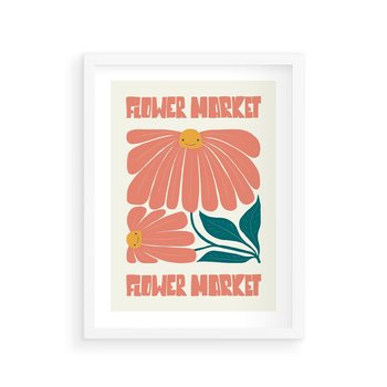 Plakat w ramie 50x70 - Retro Radość - typografia, wesołe kwiaty - rama biała