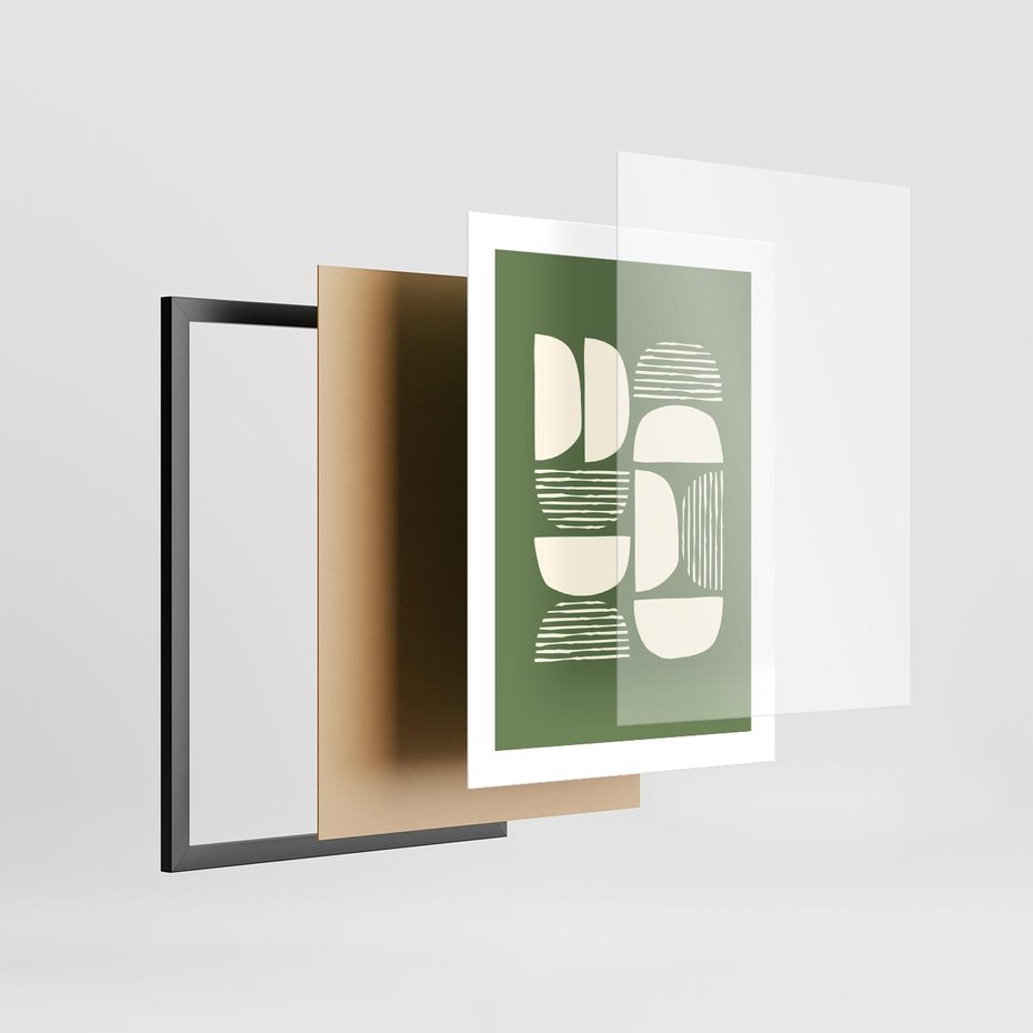 Plakat w ramie 30x40 - Migotliwe Formy - geometryczne boho kształty na brązowym, oliwkowym tle - rama czarna