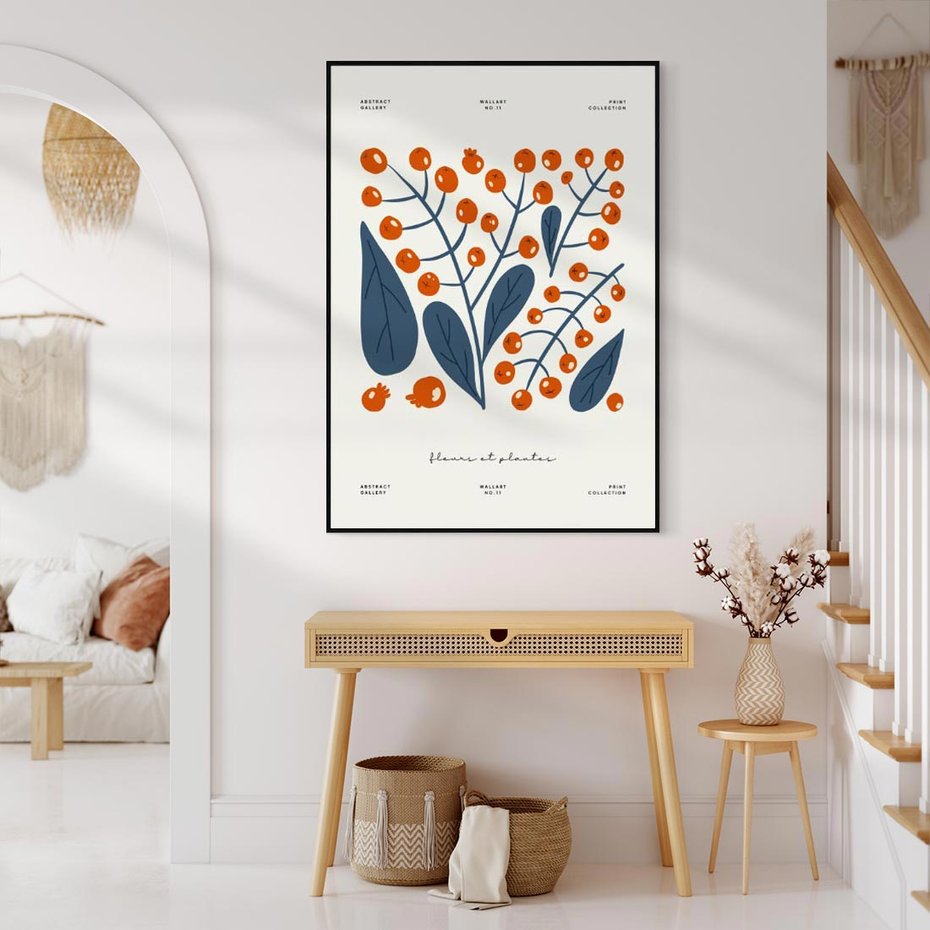 Obraz w ramie 70x100 - Minimalistyczna Uroda Jarzębin - jarzębiny, niebieskie liście - rama czarna