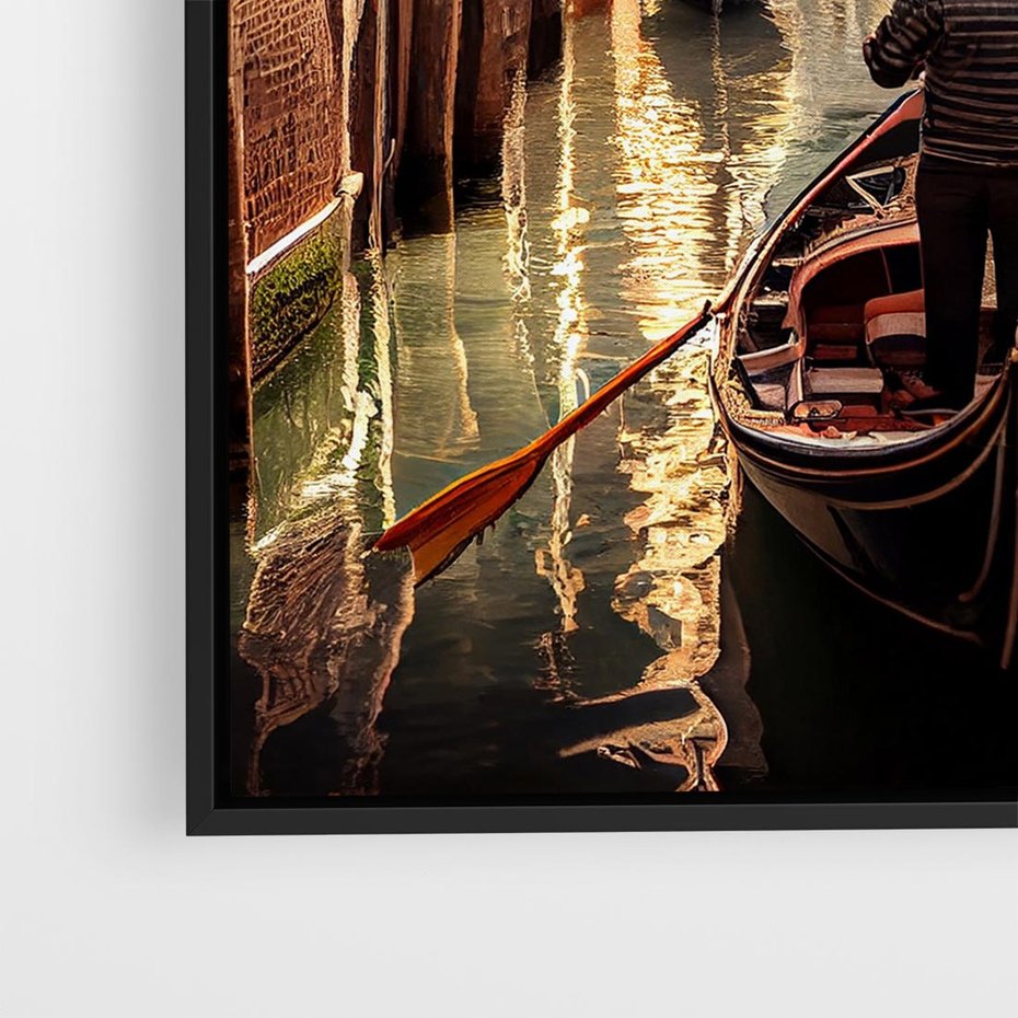 Obraz w ramie 50x50 - Spokojna Wenecja - gondolier w gondoli, kanały Wenecji - rama czarna