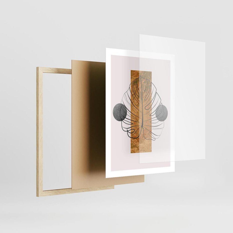 Plakat w ramie 50x70 - Minimalistyczna Monstera: Złoty Prostokąt - liść  monstery, minimalizm - rama drewno