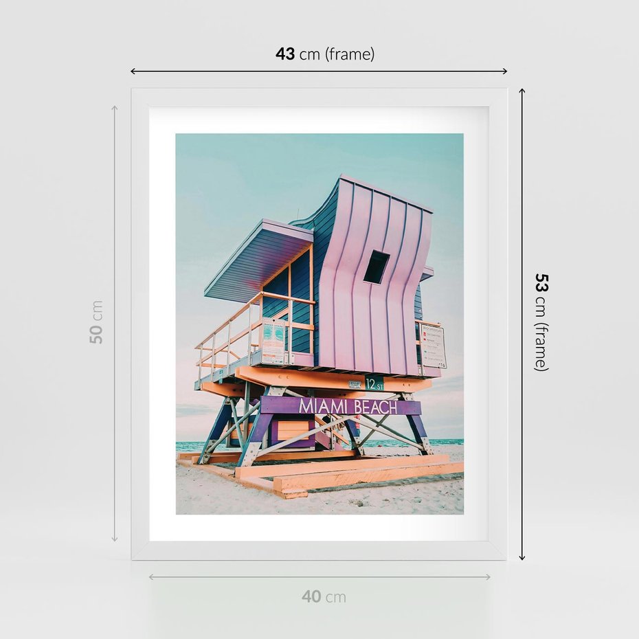 Plakat w ramie 40x50 - Miami Beach - plaża miami, domek ratownika - rama biała