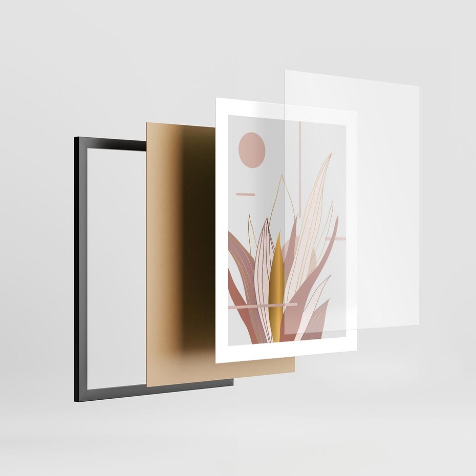 Plakat w ramie 30x40 - Złota Grafika Liści: Wyjątkowa Dekoracja - liście, złoto - rama czarna