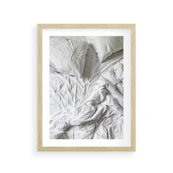 Plakat w ramie 40x50 - Biała Pościel na Łóżku - biała pościel, łóżko - rama drewno