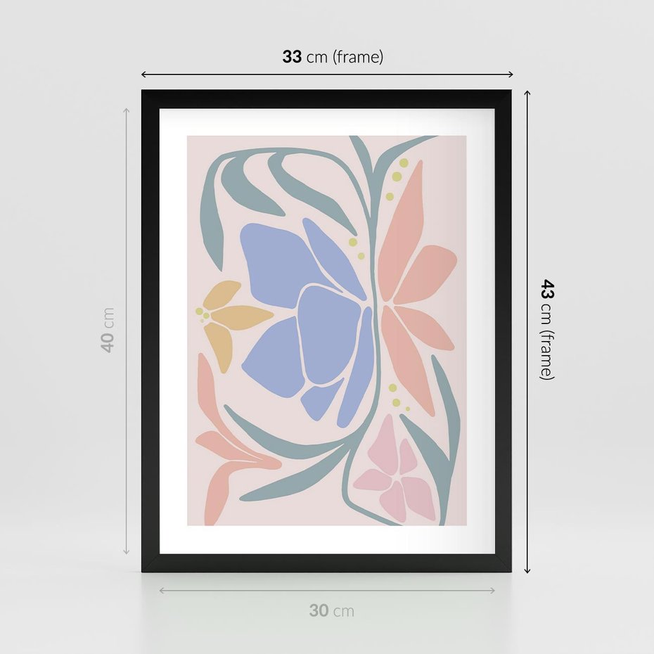 Plakat w ramie 30x40 - Pastele Kwiatowych Plam - pastelowe kwiaty, na beżowym tle - rama czarna