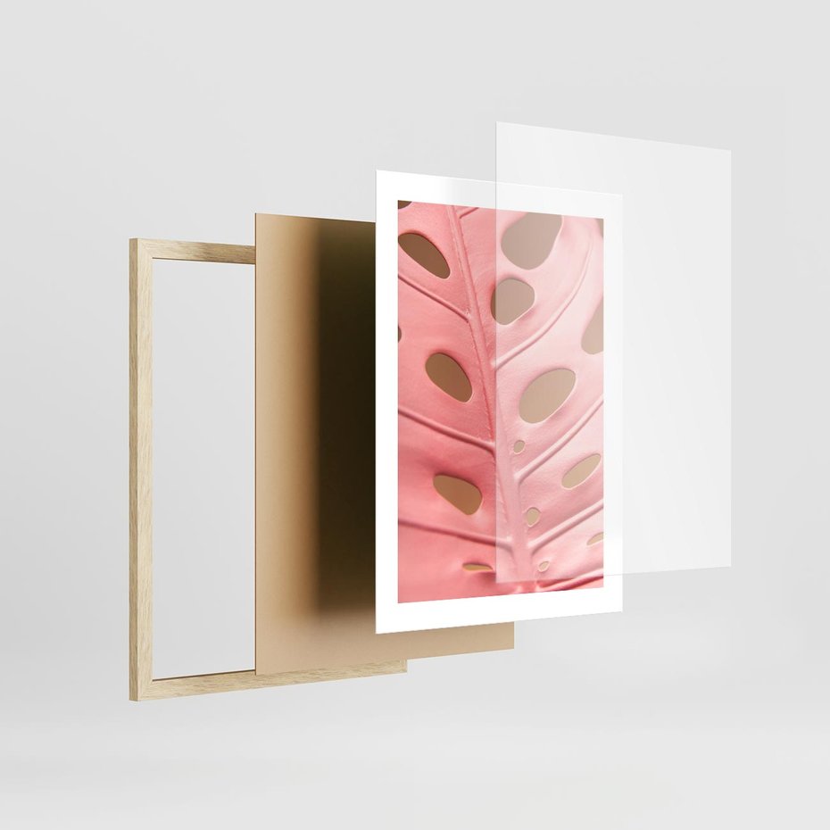 Plakat w ramie 30x40 - Różowy Liść Monstery - różowy liść monstery, nowoczesna fotografia - rama drewno