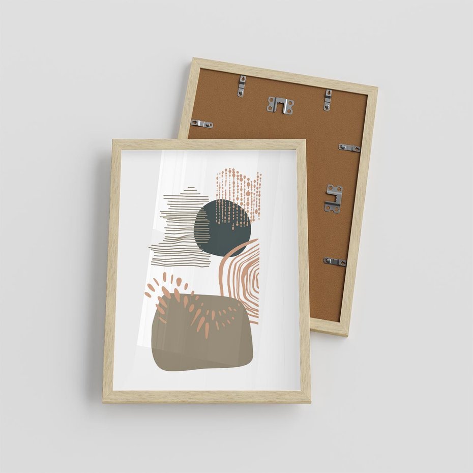 Plakat w ramie 30x40 - Taniec Plam - abstrakcyjna kompozycja z kropek kresek i kółek, odcienie brązu i beżu - rama drewno