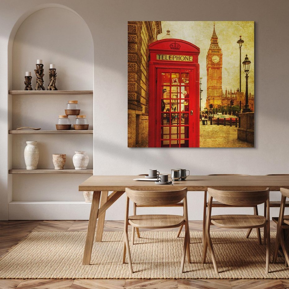 Obraz na płótnie 40x40 - Ikoniczna budka telefoniczna w Londynie - sepia, budka