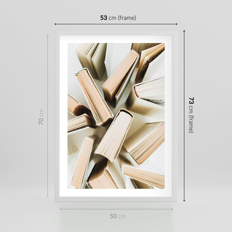 Plakat w ramie 50x70 - Odcienie Wiedzy - książki, ujęcie z góry - rama biała