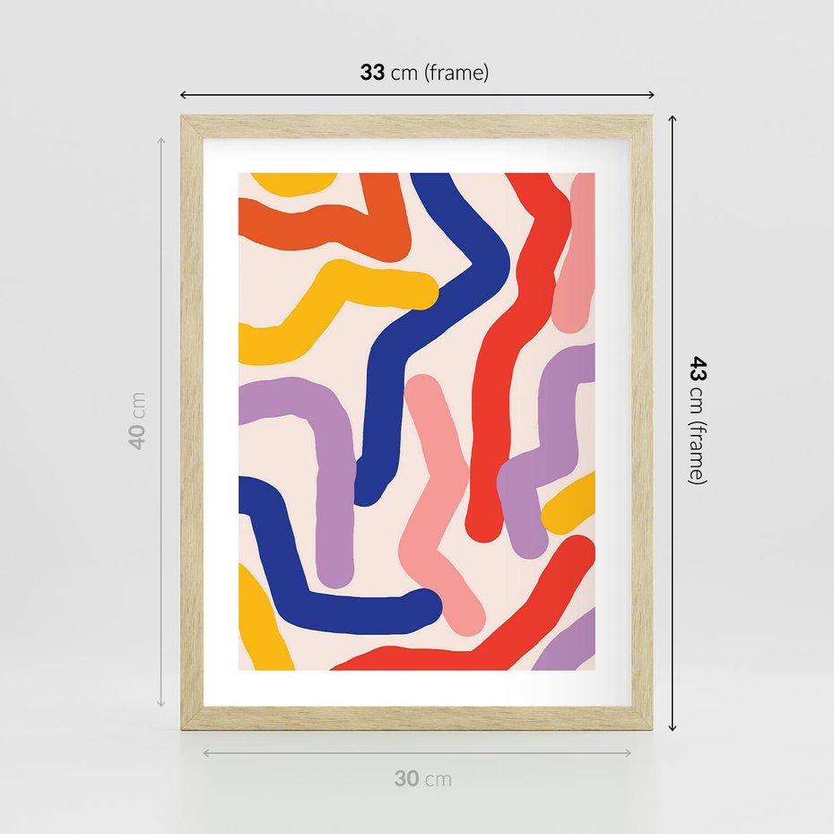 Plakat w ramie 30x40 - Abstrakcyjne Dialogi - abstrakcyjny kolorowy obraz, kolorowe linie - rama drewno