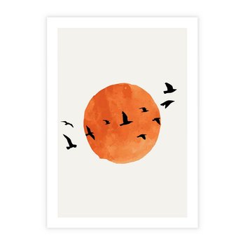 Plakat bez ramy 50x70 - Zachód Słońca i Ptaki - grafika akwarela, czarne ptaki na tle zachodu słońca