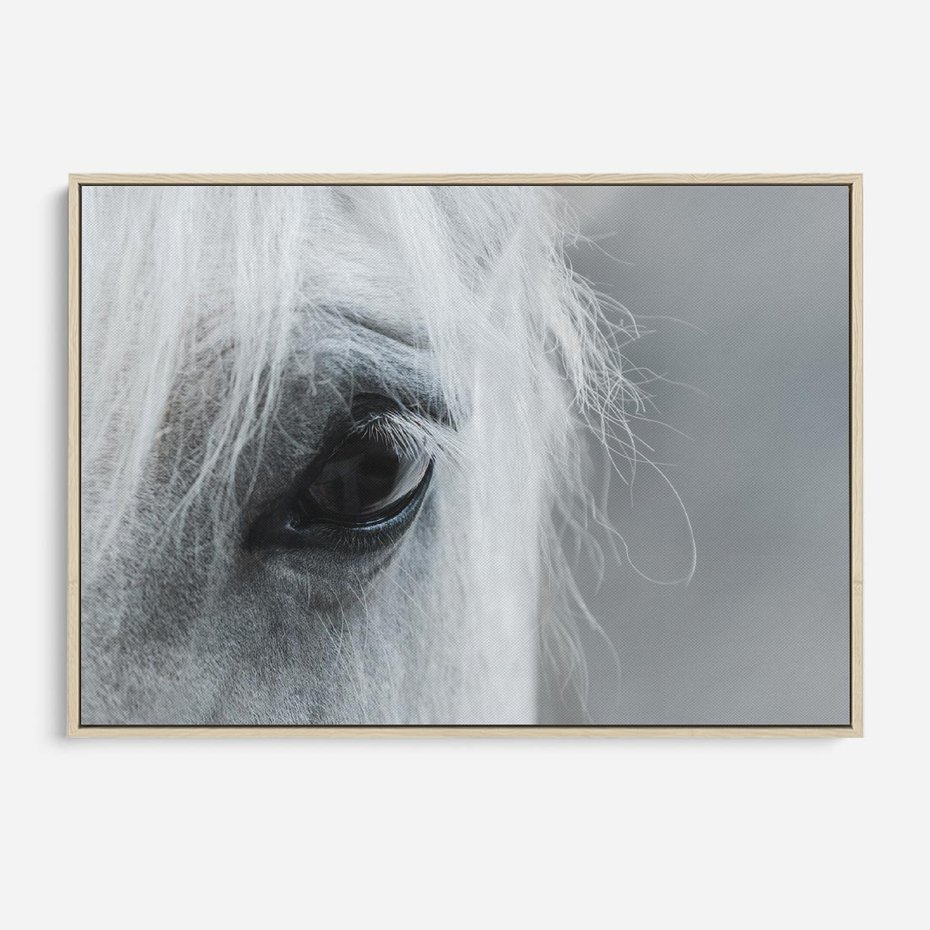 Obraz w ramie 120x80 - Oko Mocy - czarno białe zdjęcie, zbliżenie makro na oko konia - rama drewno