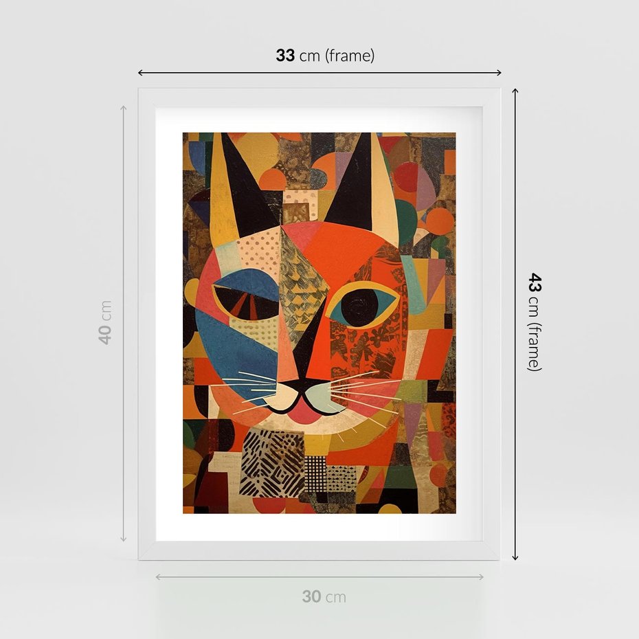 Plakat w ramie 30x40 - Impresje Nieznanych Odniesień - abstrakcyjny obraz olejny, kot - rama biała