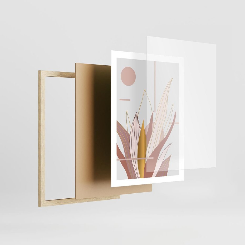 Plakat w ramie 50x70 - Złota Grafika Liści: Wyjątkowa Dekoracja - liście, złoto - rama drewno