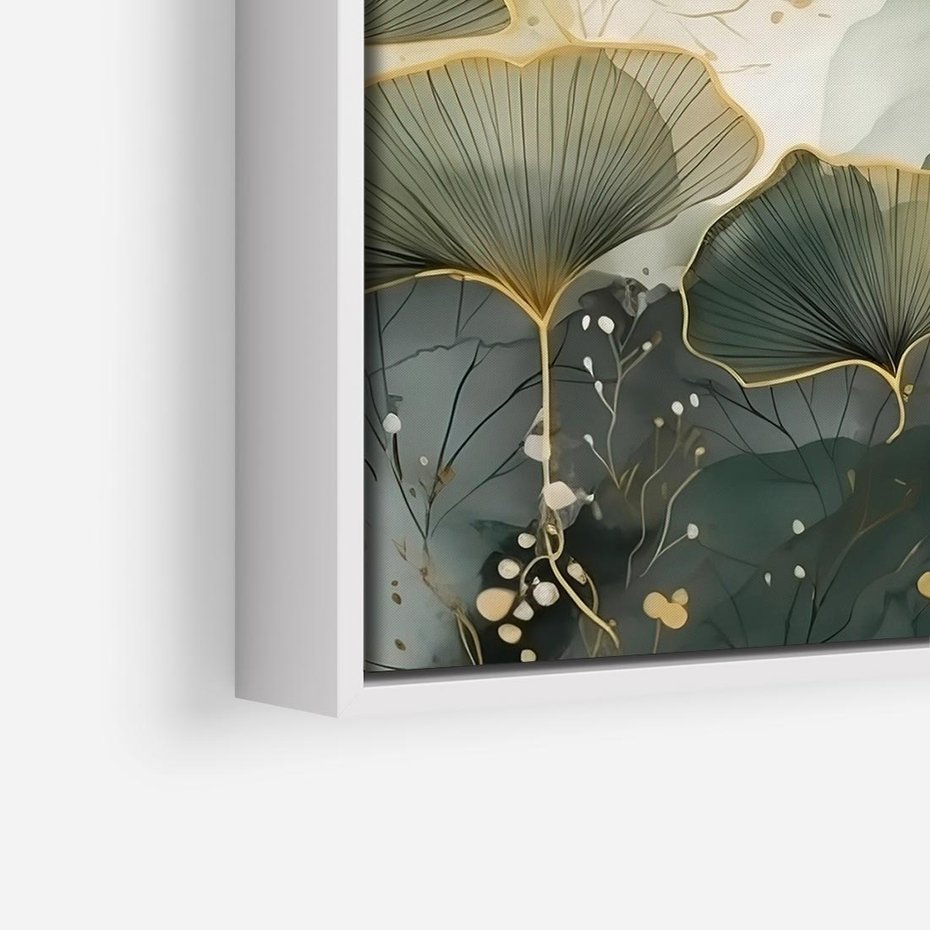 Obraz w ramie 50x50 - Natura w Złotym Odcieniu - złote elementy, liście miłorzębu japońskiego - rama biała