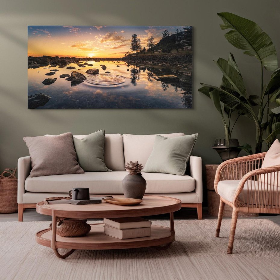 Obraz na płótnie 140x70 - Zachód słońca nad jeziorem: Spokój i harmonia - zachód słońca,