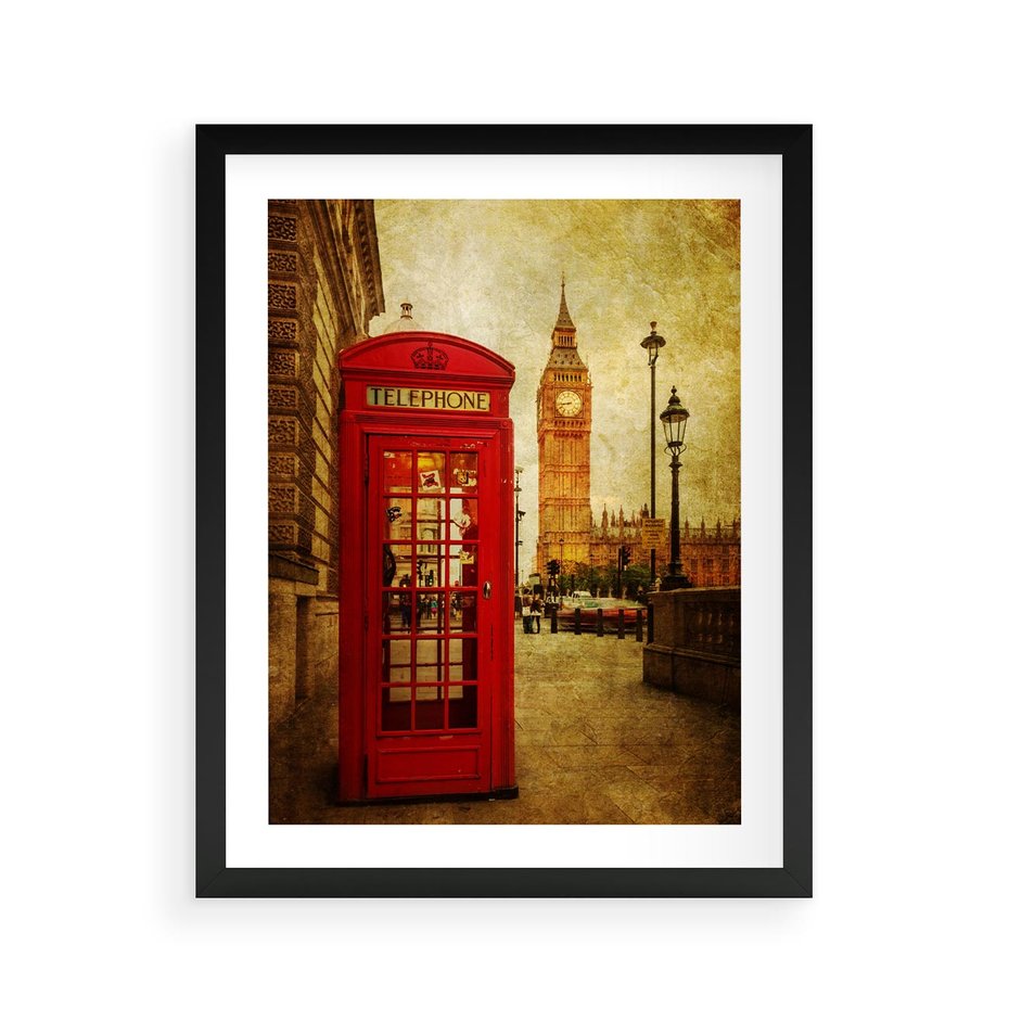 Plakat w ramie 40x50 - Ikoniczna budka telefoniczna w Londynie - sepia, budka - rama czarna