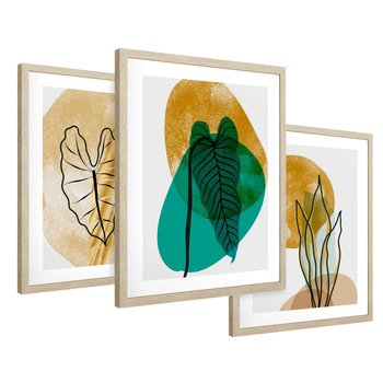 Zestaw obrazy w ramie 50x70 galeria - Złote, liście, monstera, akwarela - rama drewno