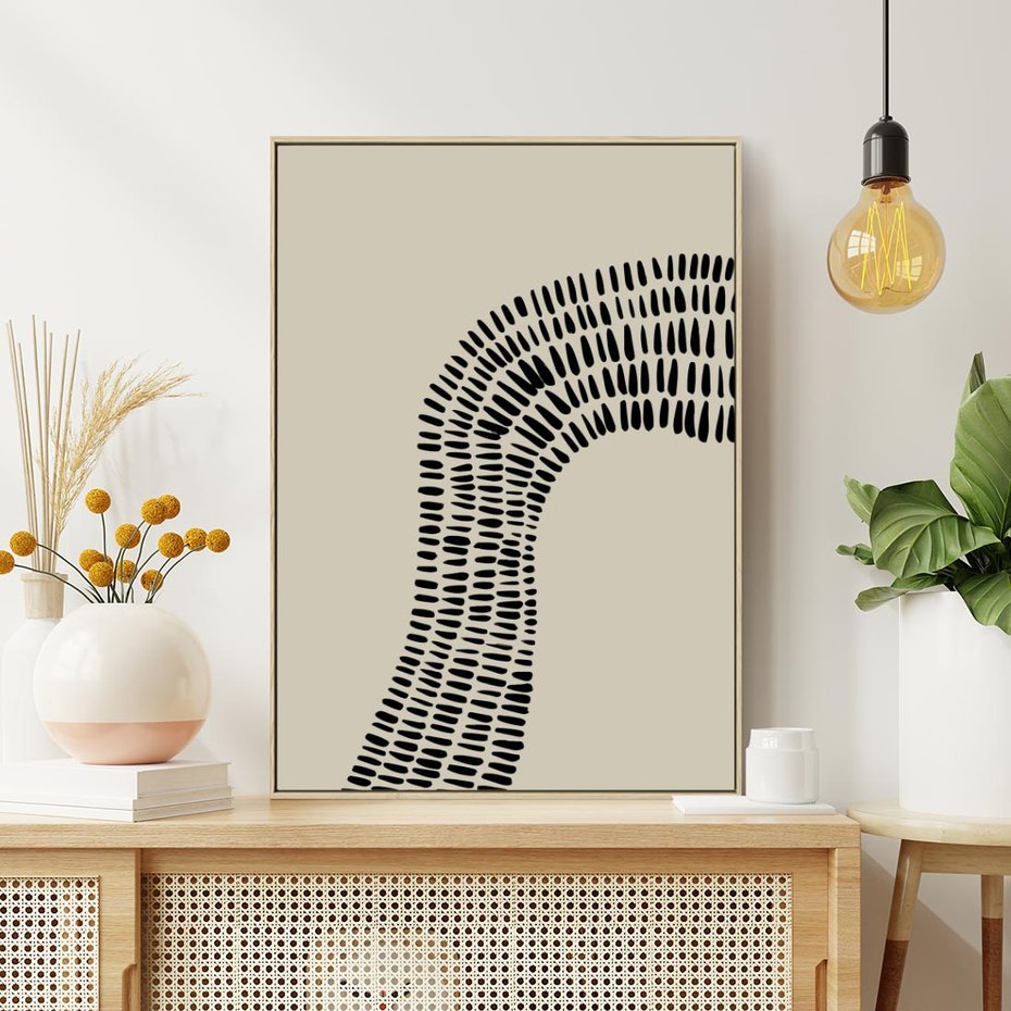 Obraz w ramie 80x120 - Migotliwa Innowacyjna Ekspresja - boho plakat, czarne kropki kreski - rama drewno